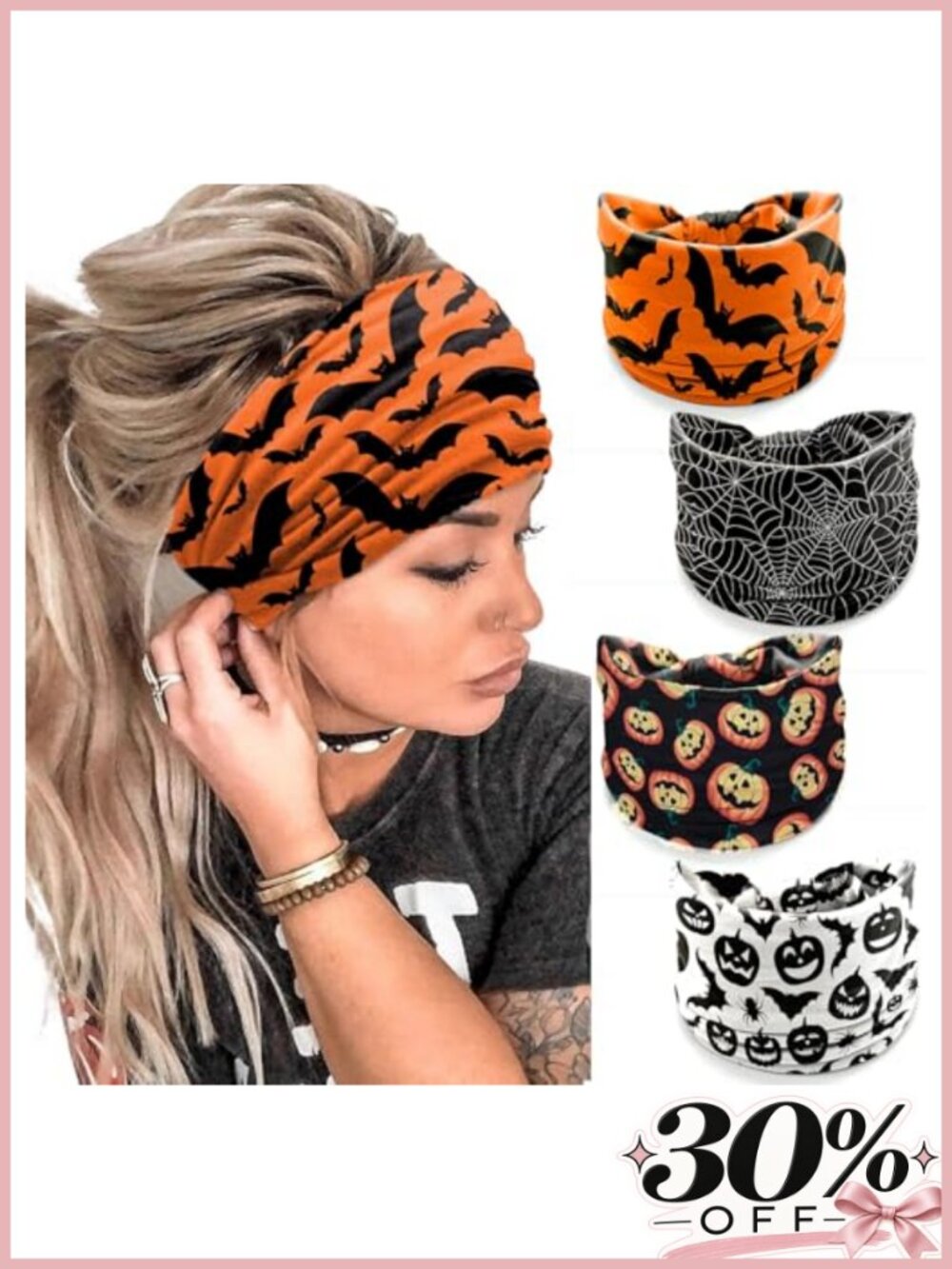 Halloween Headbands for Women Set of 4 Pumpkin Bat Design Fabric